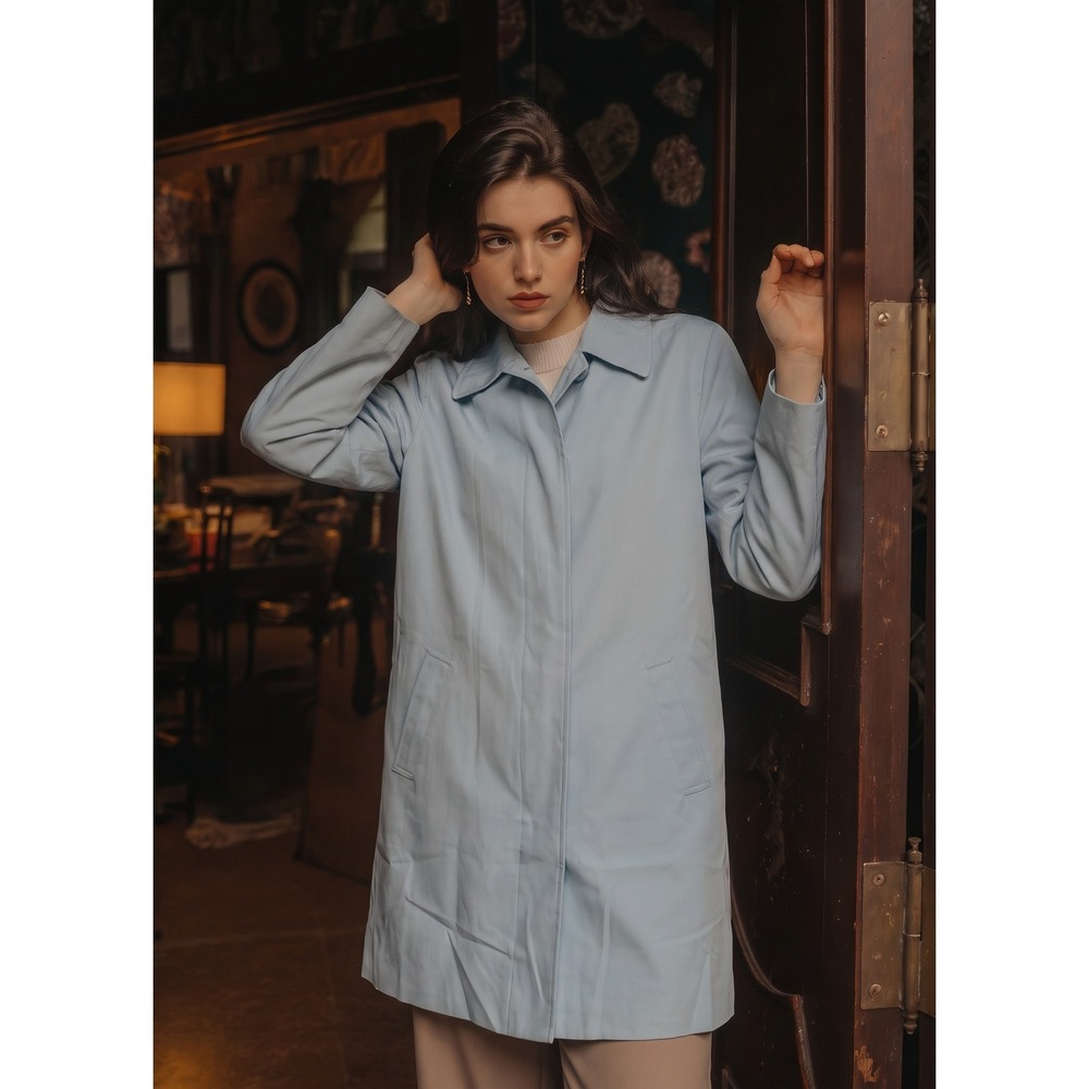 Lauren‎ Ralph Lauren Rain Jacket Womens L Blue Vintage Long Line Jackie O Coat